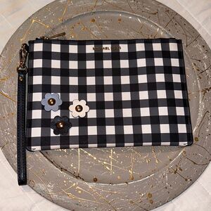 Michael Kors Black Gray White Gold Tone Hardware Gingham Clutch